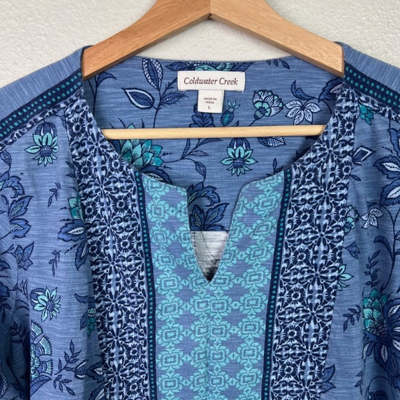 Coldwater Creek Womens Size Large Blue Floral Print Top 3/4 Sleeve Boho Peasant - Picture 2 of 7